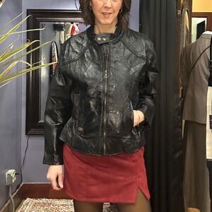 Diamond Plate Genuine Leather Jacket Women Black Quilted Patchwork Size M